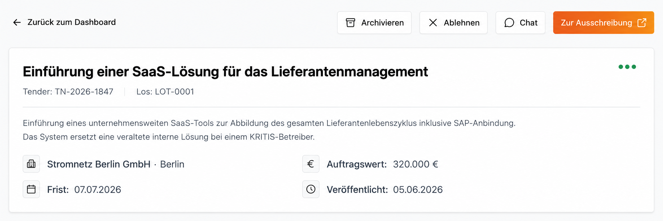 Tendit Tender-Detail-Ansicht mit Analyse und Eignungskriterien