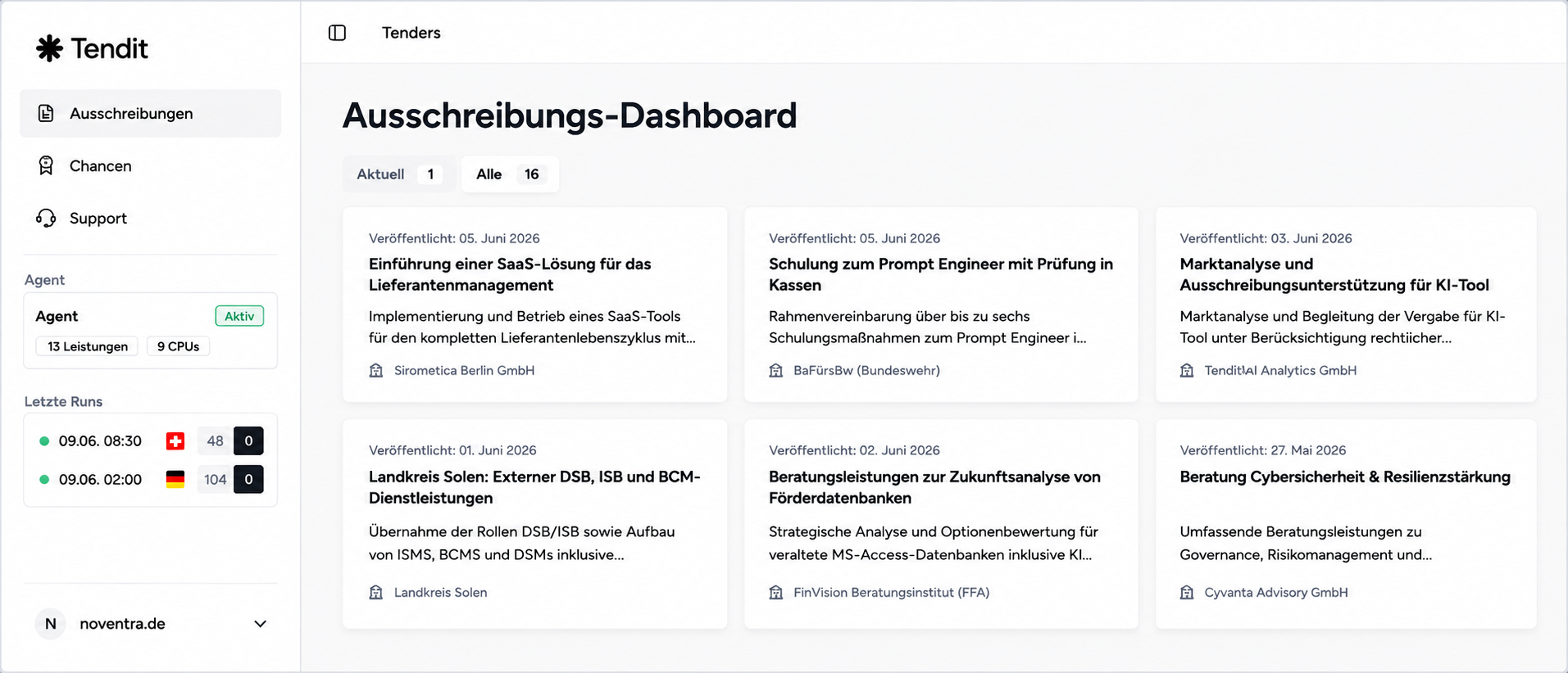 Tendit Dashboard: Tender Matches Übersicht
