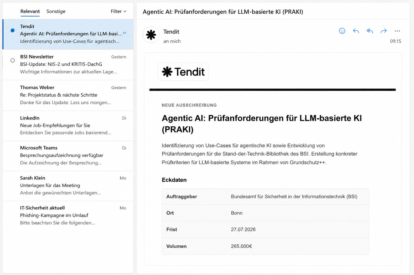 Tendit-Benachrichtigung über eine neue öffentliche Ausschreibung im Outlook-Postfach